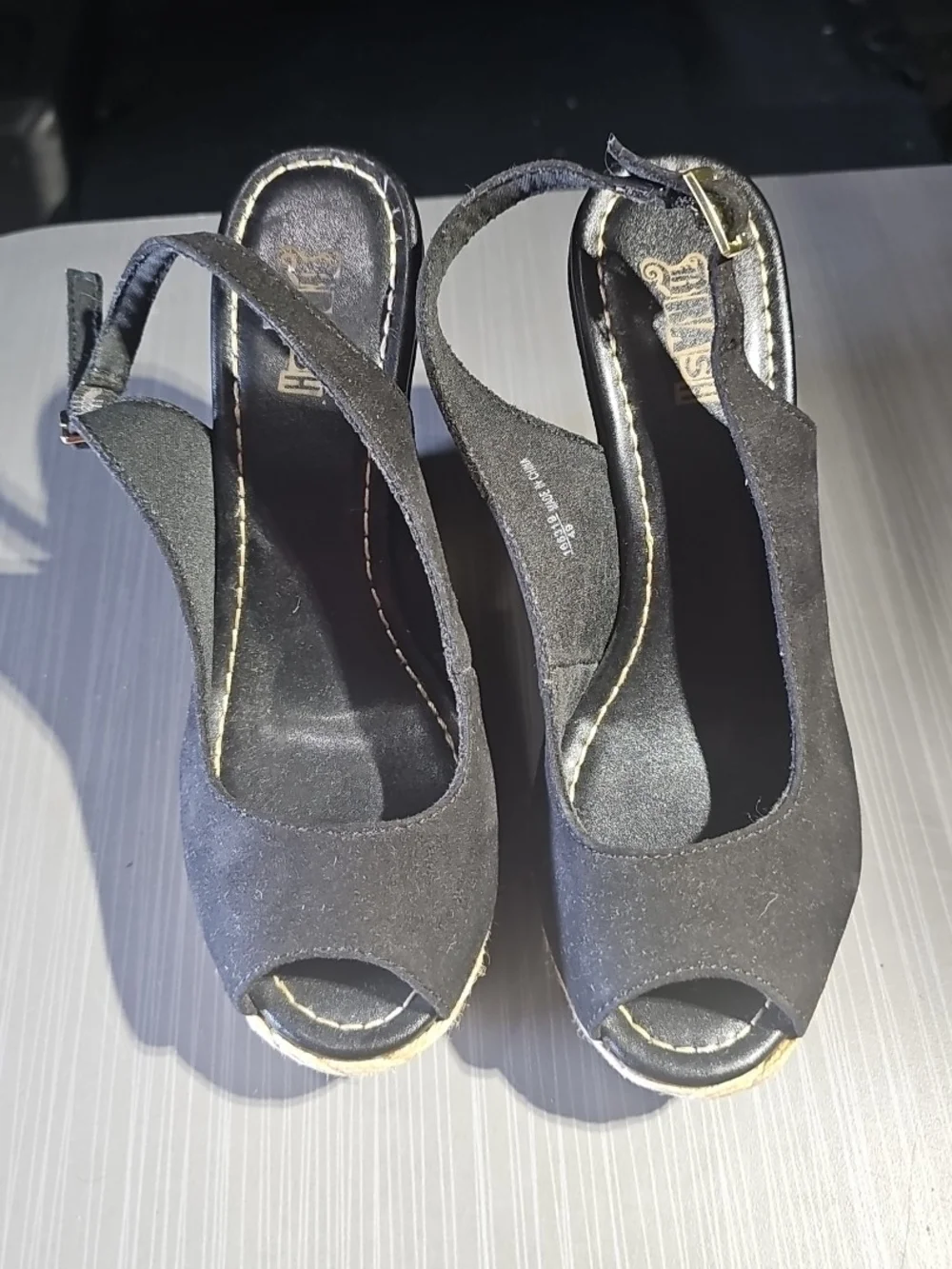 BRASH Black Suede Peep Toe Sling Back‎ Wedge Shoes Women's 5 Excellent PreOwned